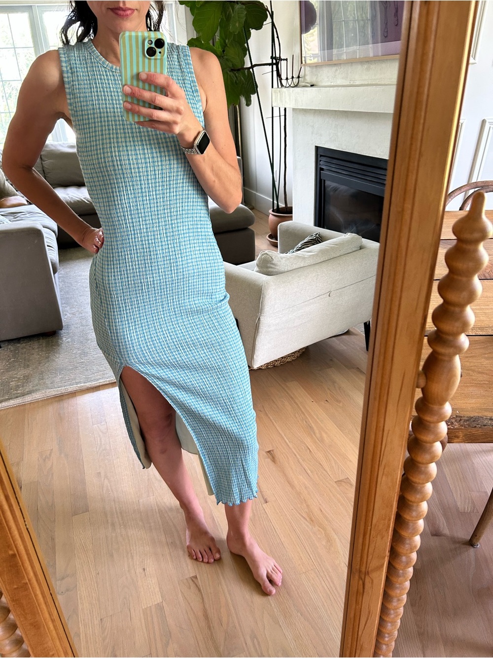 Wilfred Light Blue Textured Midi Dress with Front Slit